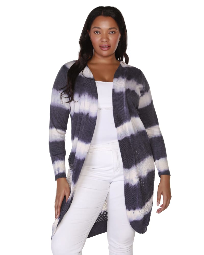 Front of a model wearing a size 1X Payton Tie-Dye Sweater in Heather Navy/White by Belldini Black Label. | dia_product_style_image_id:285034